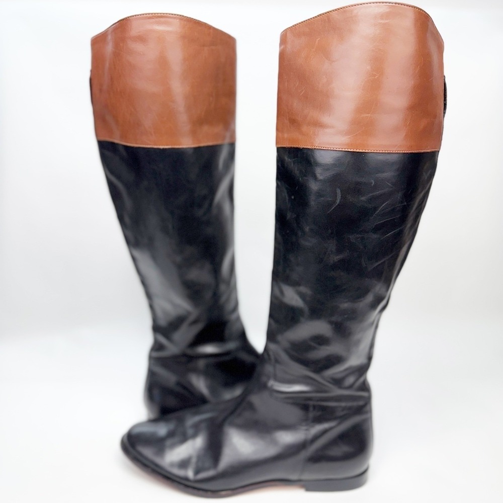 Womens Two Tone Black and Brown Leather Tall Riding Boots Side Zip Low Heel - Picture 6 of 12